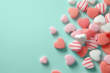 Heart shaped candies scattered on a mint green background.