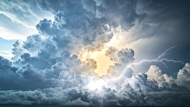 Dramatic image depicting a powerful thunderstorm. Lightning flashes illuminate dark, stormy clouds