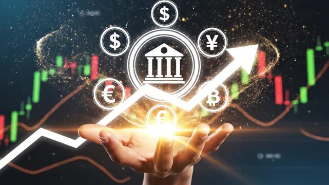 A conceptual image depicting hands holding global currencies and financial growth illustrated by a rising graph and stock market charts