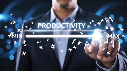 A business professional is visually representing the concept of productivity by adjusting a slider between minimum and maximum values on a digital interface - Powered by Adobe