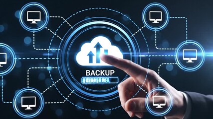 The image depicts a cloud backup system with multiple devices connected representing data synchronization and secure information storage in the digital world - Powered by Adobe