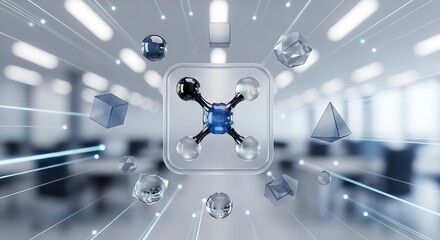 Futuristic molecular model surrounded by geometric abstractions in a tech setting