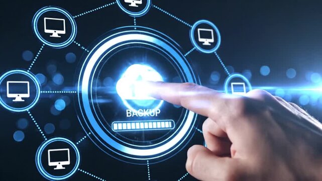 Visualizing data security a hand interacts with a network of devices linked to a central cloud backup system illustrated with bright blue lines
