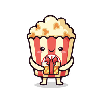 Cartoon popcorn character holding gift box with red ribbon