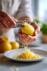 Finely Zesting Lemon by Hand in Bright Kitchen