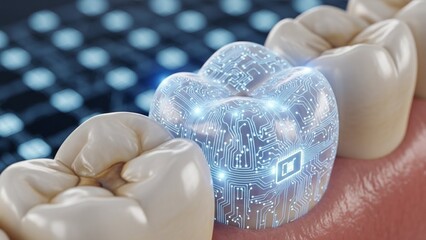 Digital Tooth Implant with Smart Technology Representing Advanced Dental Care, Healthcare Innovation, Medical Technology, and Future Dentistry Concept
