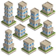 Set of modern houses. Isometric. Isolated on white background. Vector illustration.