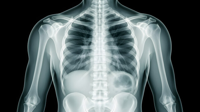 Human Xray Image Showing Spine and Ribcage.