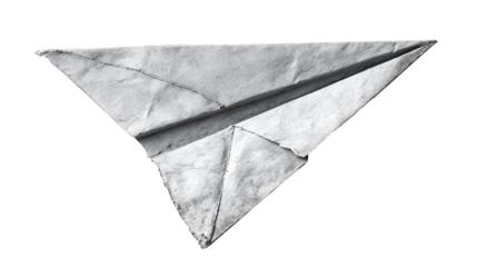 A paper airplane made from gray paper folded into a sleek design with sharp edges and creases isolated on a white background for creative or educational use