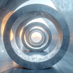 A futuristic tunnel with a series of concentric circular rings, marble texture, and a metallic sheen, viewed from the entrance