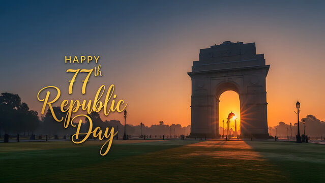 Golden Sunset at India Gate with Happy 77th Republic Day Greeting Text and Vibrant Sunrays