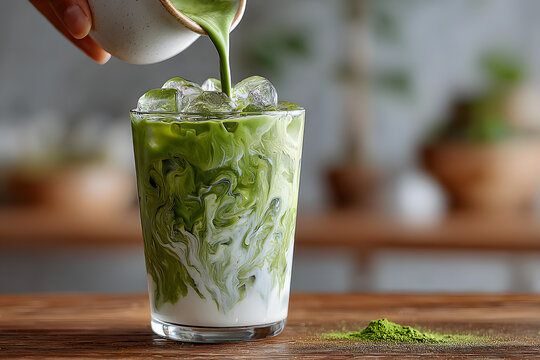 Green tea matcha latte being poured into iced milk in clear glass, visible layers and ice cubes, minimal studio background, fresh beverage for Cafe concept.