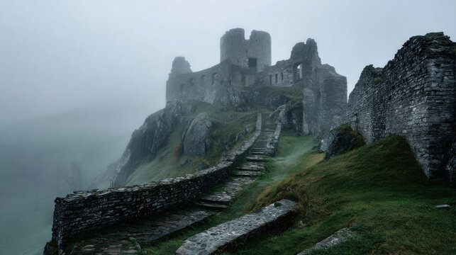 Ancient castle ruins shrouded in fog on a cliff