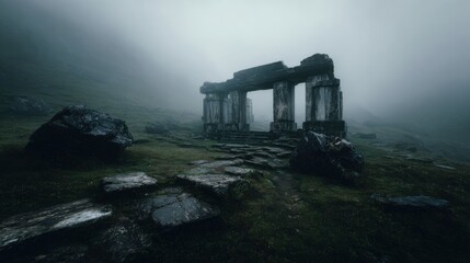 Ancient ruins in misty desolate landscape