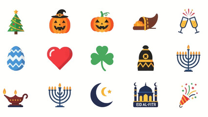 Collection of various holiday and celebration themed flat icons.