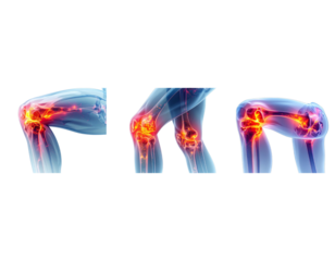  Knee Injury Concept Illustration with Side View X-Ray Effect and Pain Marker, isolated