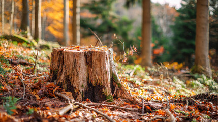 Sunlight filtering through trees illuminates a vibrant autumn scene with a tree stump surrounded by fallen leaves in a peaceful woodland setting