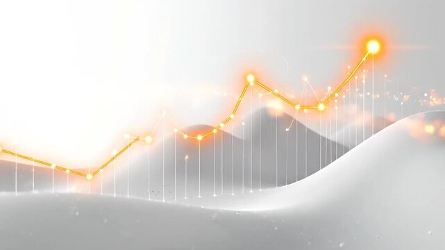 Glowing golden line graph ascends over a blurred abstract landscape on a light gray background