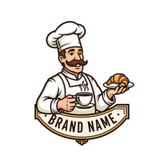 Cartoon Chef Holding Croissant and Coffee.