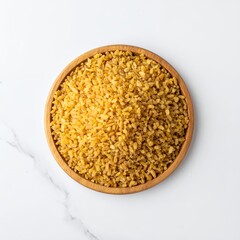 Bulgur wheat served in rustic wooden bowl, presented on a bright white surface