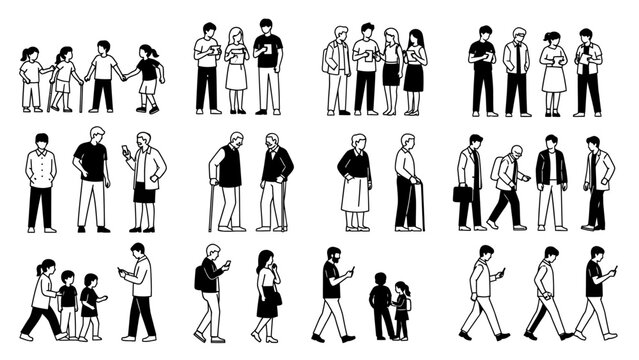 Diverse Group of People in Various Poses and Activities, Art Style