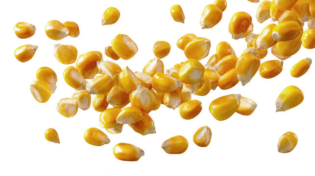 Pile of golden corn kernels in motion against a black background