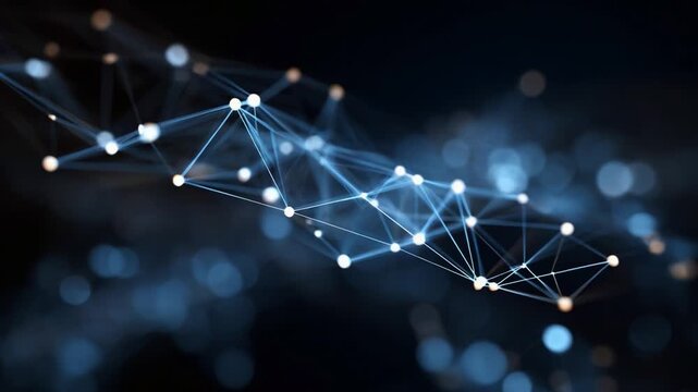 Abstract representation of interconnected data points through a dynamic web of glowing nodes and lines, symbolizing technology, networks, and digital connectivity.