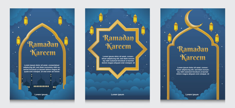 Ramadan Kareem Celebration Posters with Islamic Motifs and Lanterns