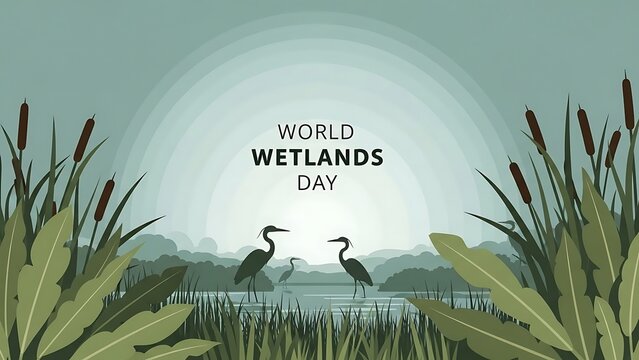 World Wetlands Day - Serene Landscape with Herons and Lush Vegetation.