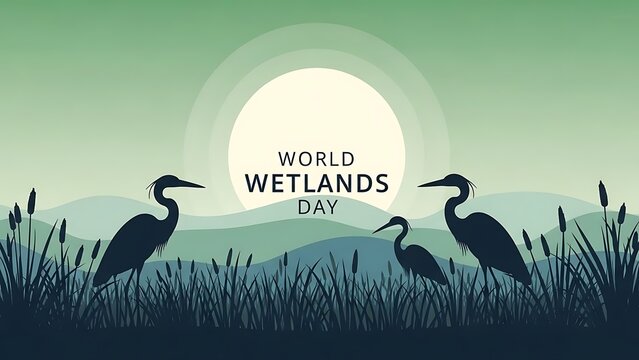 World Wetlands Day - Silhouettes of Herons in a Serene Wetland Landscape at Sunset.
