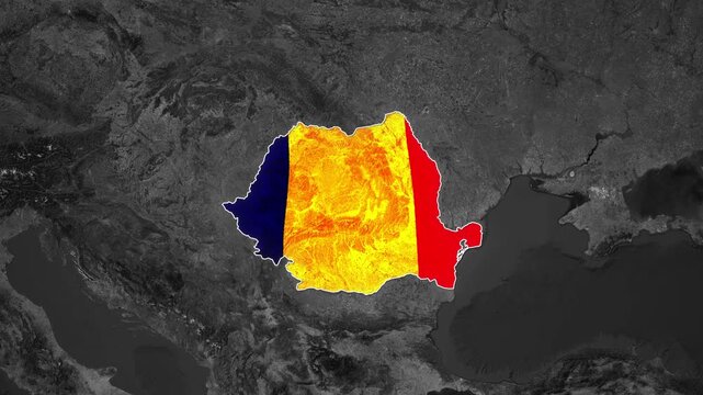 Romania is highlighted in vibrant colors on a grayscale map
