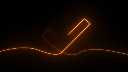 Orange glowing checkmark drawn with light trails on a dark Generate title without using the word "Title:" before it. background with a wavy line lights © My studio