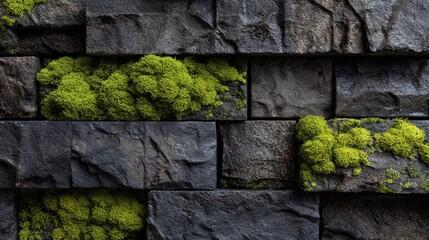 Dark stone wall with bright green moss