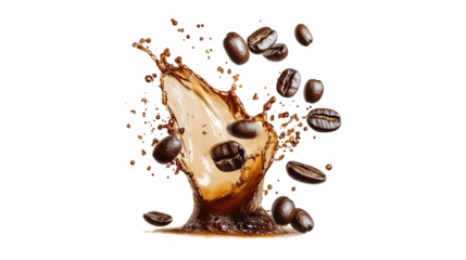 Coffee beans splashing into liquid with dynamic droplets and motion blur