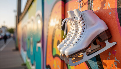 Sparkly ice skates hanging against colorful graffiti wall, urban artistry