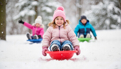 Joyful child sledding in snowy park, winter fun and playtime