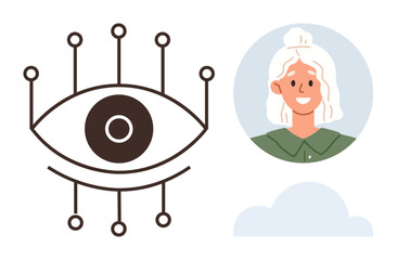 Obraz premium Artificial intelligence, digital identity, facial recognition, cybersecurity, data analysis, privacy protection. Abstract eye with circuit elements, portrait of a woman and a cloud icon. AI