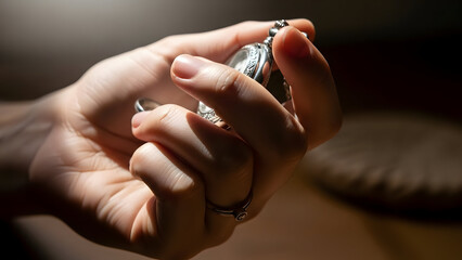 Hand Holding Silver Lighter with Rings on Fingers Close-up.