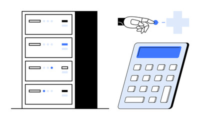 Technology, data processing, healthcare analytics, artificial intelligence, digital solutions, computing. Server stack, robotic hand with a blue dot and calculator. Technology and data processing