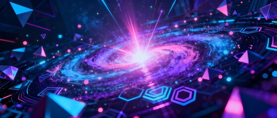 Futuristic digital burst of light and data particles radiating from a central core ideal for technology network ai and abstract stock imagery