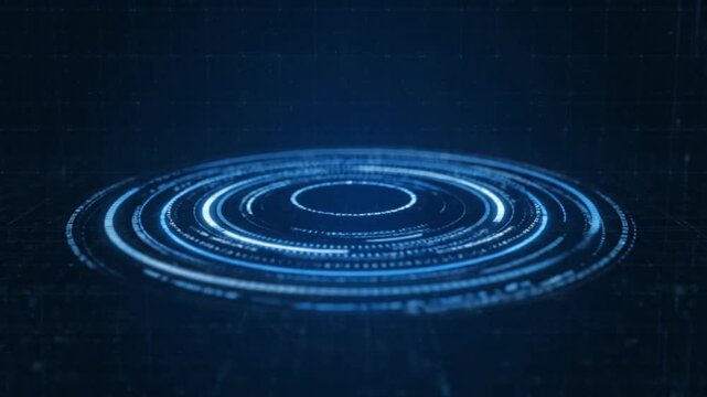 Glowing blue concentric circles with a digital ripple effect on a dark background with a futuristic and technological mood.