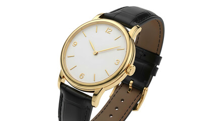 Elegant Gold Wristwatch with Black Leather Strap.
