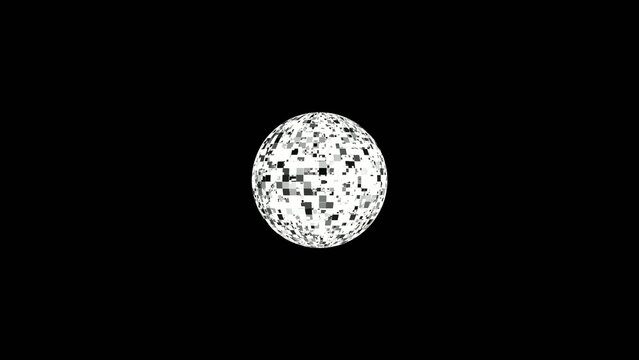 Pixelated monochrome sphere with Generate title without using the word "Title:" before it. black white and gray squares on black background without stock