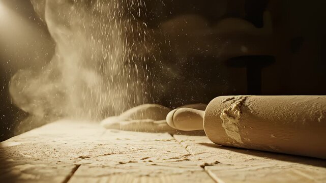 Flour Sprinkling Over Dough on Table in Bakery Kitchen Studio Shot