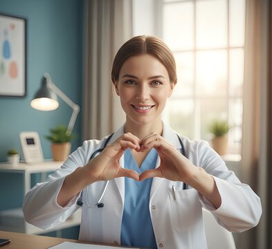 Professional doctor forms a heart with her hands in a warm medical setting