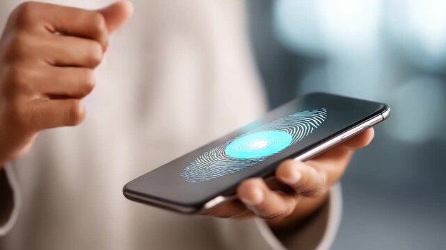 User interacting with biometric fingerprint scanner on a smartphone, demonstrating advanced technology, security, and personalization in mobile devices.