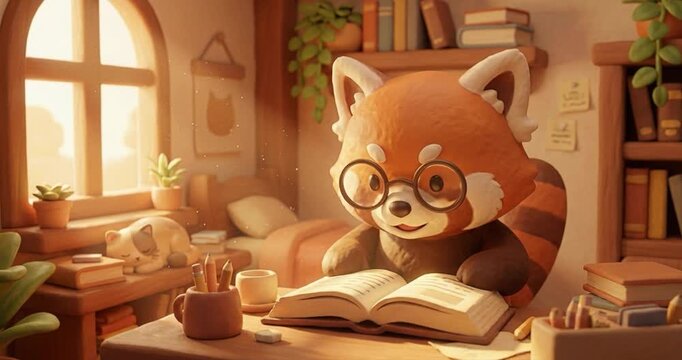 Animated red panda reading book in cozy interior