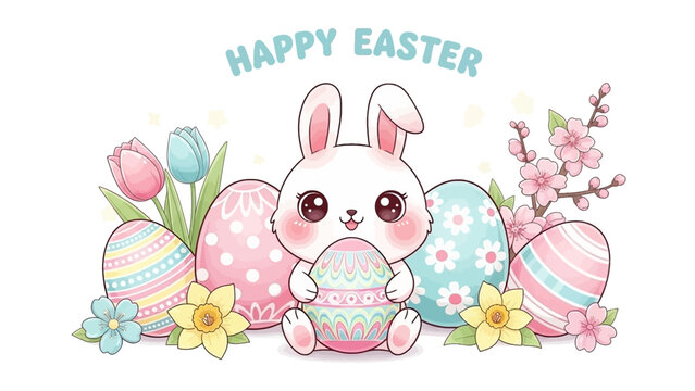 White Easter Bunny Holding Decorated Easter Egg.