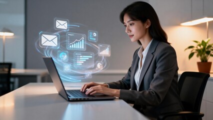 Woman working on laptop with digital icons