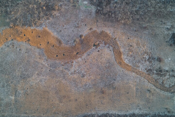 Meandering dry riverbed filled with orange reeds and frozen banks creating a curving organic shape...